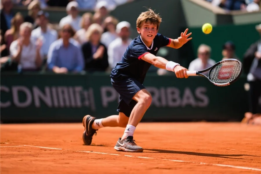 一位年轻网球选手在红土球场奋力回球，背景模糊展现观众的紧张氛围