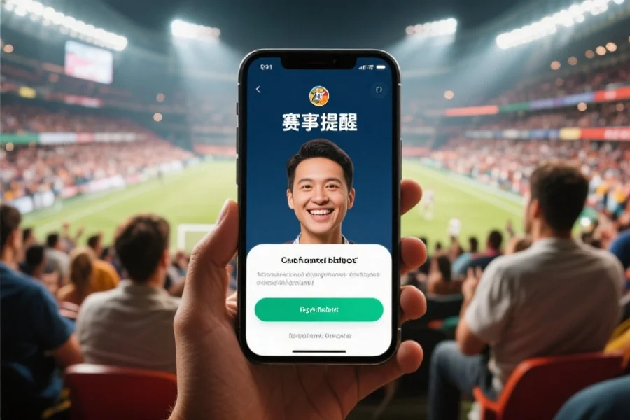 手机屏幕上弹出赛事提醒通知，背景为热闹的体育赛场，用户面带微笑准备观看比赛