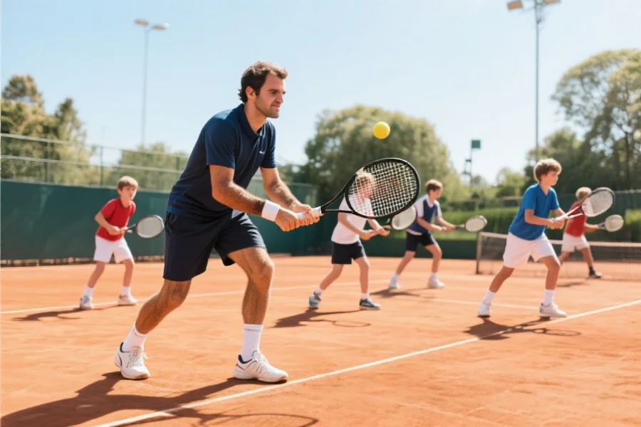 一群年轻网球运动员在阳光下练习,受费德勒激励,展现积极向上的精神